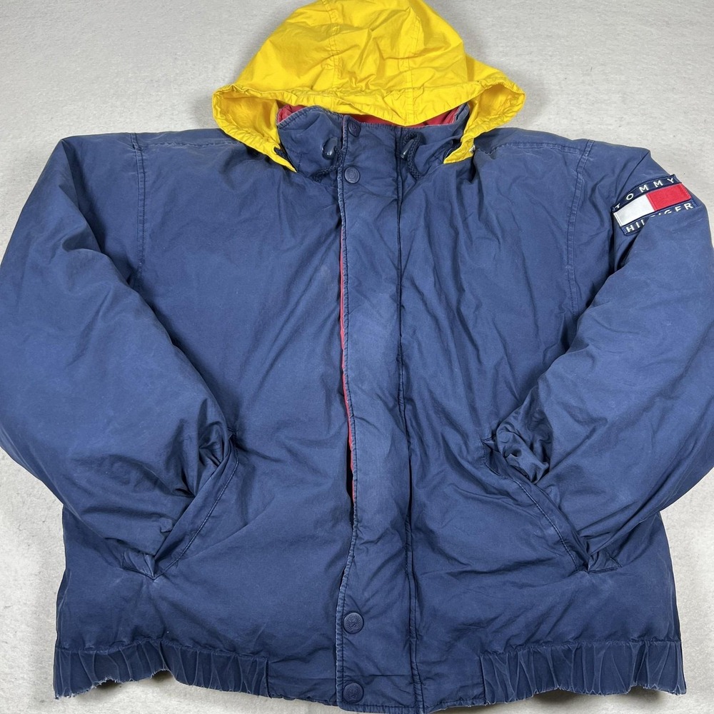 Vintage Tommy Hilfiger Down Puffer Jacket Mens M Blue Yellow Hooded 90s